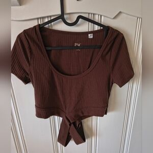 Brown Ribbed Tie Front Crop Top